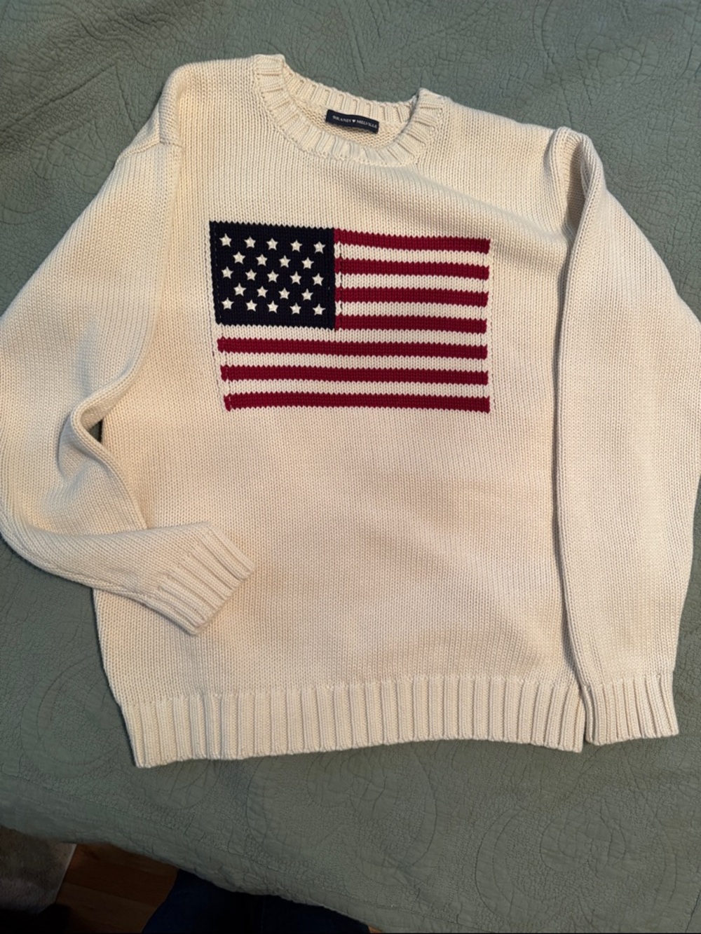 Brandy Melville Cream Crewneck Sweater with Flag Motif